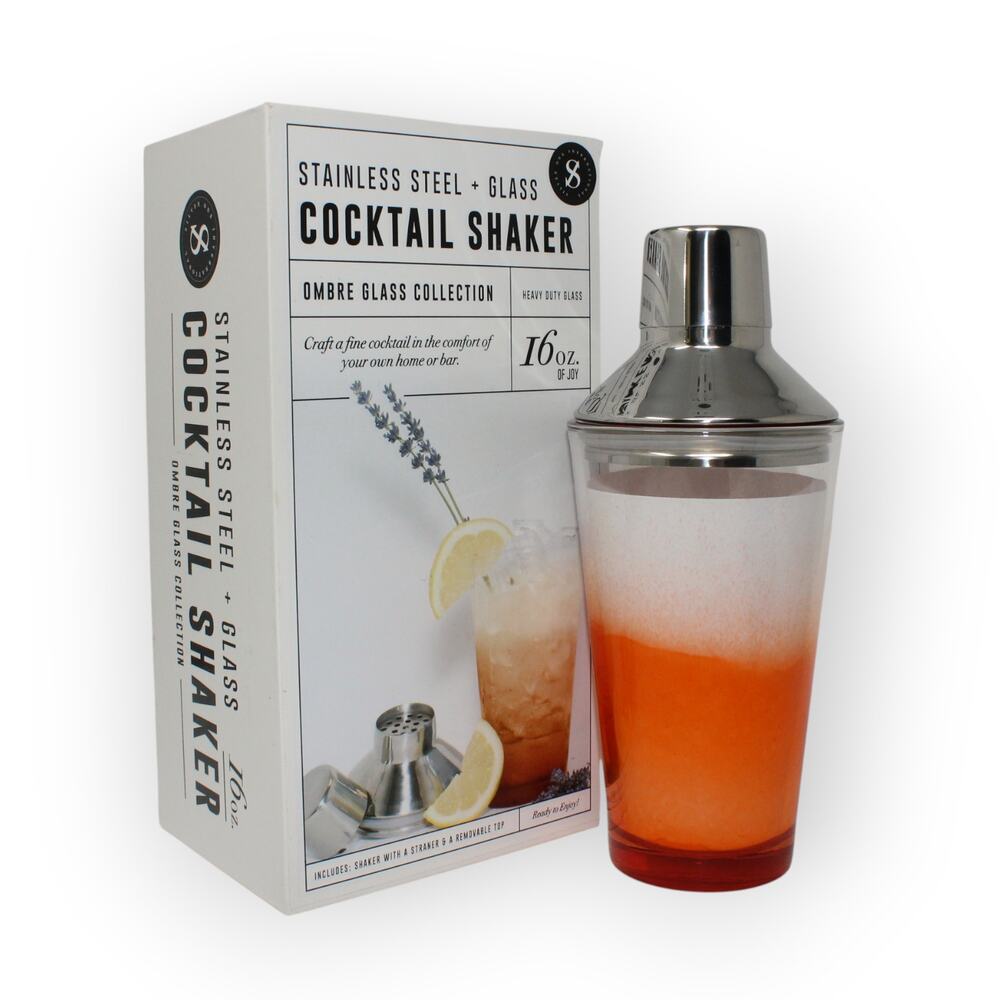 NEW Cocktail Shaker 16 oz Orange Ombre Glass StainlessSteel Gift